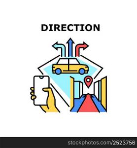 Direction Lead Vector Icon Concept. Gps Navigation Digital Application For Direction Lead Pedestrian On Urban Street Or Driver In Car On Road. Navigate System For Help Search Route Color Illustration. Direction Lead Vector Concept Color Illustration