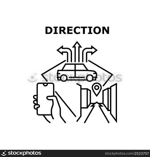 Direction Lead Vector Icon Concept. Gps Navigation Digital Application For Direction Lead Pedestrian On Urban Street Or Driver In Car On Road. Navigate System For Help Search Route Black Illustration. Direction Lead Vector Concept Black Illustration