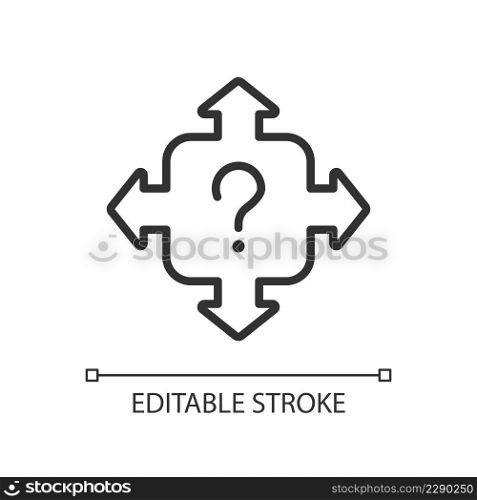 Direction linear icon. Choosing right way. Solving task and looking for answer. Information service. Thin line illustration. Contour symbol. Vector outline drawing. Editable stroke. Arial font used. Direction linear icon