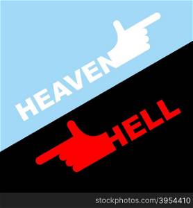 Direction of hell and heaven. Vector illustration. White hand indicates direction of heaven. Red indicates in hell.&#xA;