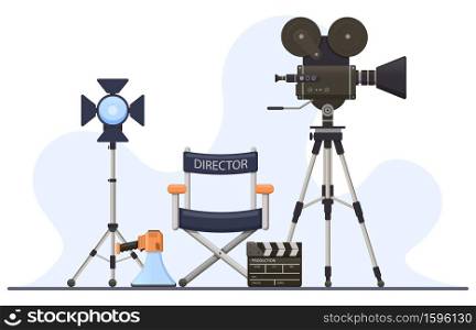 Director film sets. Movie camera, director chair, megaphone and clapperboard, film director cinema concept. Film production vector illustration. Cinematography equipment for shooting. Director film sets. Movie camera, director chair, megaphone and clapperboard, film director cinema concept. Film production vector illustration