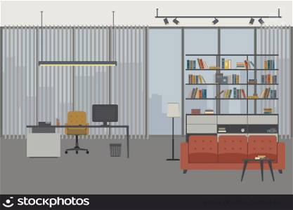Director's office in flat style with working place, bookshelf and lounge zone.
