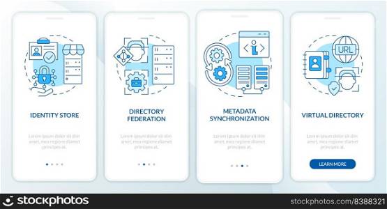 Directory services blue onboarding mobile app screen. Data storage walkthrough 4 steps editable graphic instructions with linear concepts. UI, UX, GUI template. Myriad Pro-Bold, Regular fonts used. Directory services blue onboarding mobile app screen