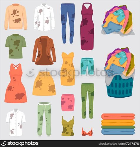 Dirty and clean clothes. Apparel heap with stains in basket and washed clothing, pile different towels, undershirts and jeans vector flat isolated set. dirty clothes and a laundry basket, vector illustration