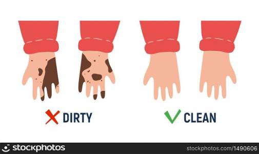 Dirty and clean hand. Hygiene poster. Isolated vector illustration on white background. Dirty and clean hand. Hygiene poster. Isolated vector illustration