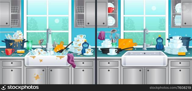 Dirty and clean kitchen background with washing dishes symbols flat vector illustration