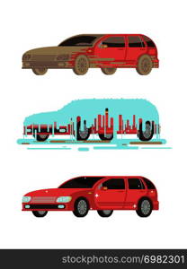 Dirty and clean shine car. Washing stages vector set. Car clean and dirty illustration. Dirty and clean shine car. Washing stages vector set