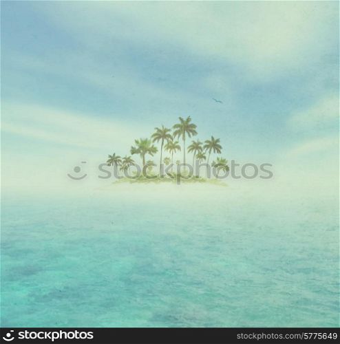 Dirty Background With Sky, Ocean, Tropical Island With Palms