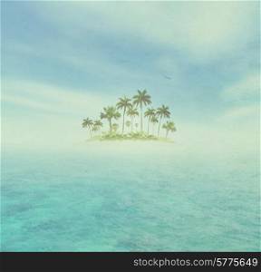 Dirty Background With Sky, Ocean, Tropical Island With Palms