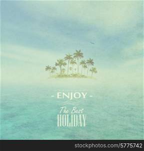 Dirty Background With Sky, Ocean, Tropical Island With Palms And Title Inscription