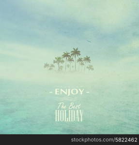 Dirty Background With Sky, Ocean, Tropical Island With Palms And Title Inscription