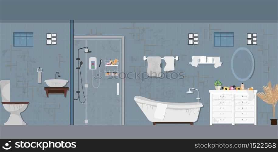 Dirty bathroom interior with furniture, toilet sink bath and accessories in a modern style. Flat vector illustration.