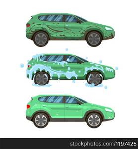 Dirty car wash. Messy city traffic automobile, steps of cleaning car washing from dirty and muddy to neat and clean vector isolated illustration set, washer service infographic. Dirty car wash. Messy city traffic automobile, steps of cleaning car wash from dirty and muddy to neat and clean vector isolated illustration set