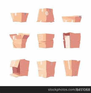 Dirty cardboard boxes. Broken delivery containers carton packages garish vector collection pictures. Box cardboard broken and dirty illustration. Dirty cardboard boxes. Broken delivery containers carton packages garish vector collection pictures