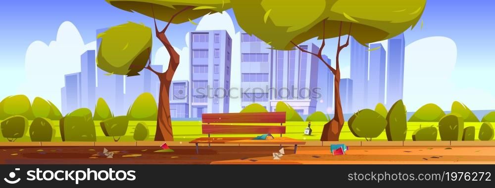 Dirty city park with garbage, green trees and grass, wooden bench and town buildings on skyline. Vector cartoon summer landscape with empty public garden with trash, plastic cups, paper and bottles. Dirty city park with trash, green trees and bench