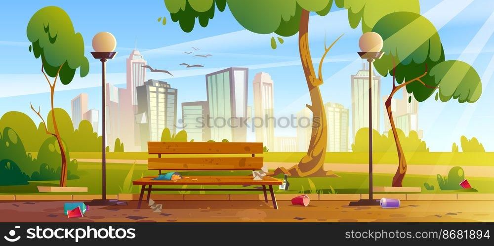 Dirty city park with green trees and grass, wooden bench, lanterns and town buildings on skyline. Vector cartoon summer landscape with empty public garden with garbage, plastic cups, paper and bottles. Dirty city park with garbage, bench and green tree