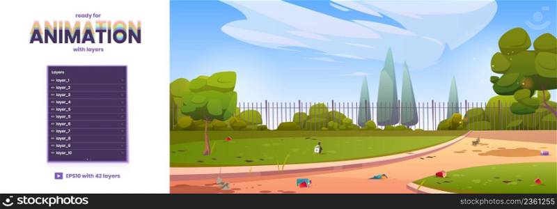 Dirty city park with scatter garbage cartoon background for game animation with separated layers. Rubbish lying on green grass lawn. Summer town polluted landscape public garden, Vector illustration. Dirty city park with scatter garbage background