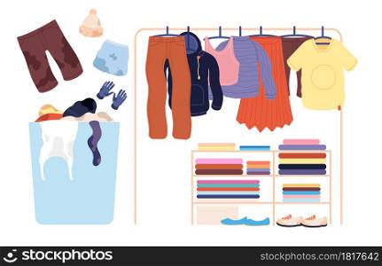 Dirty clothes. Laundry stack, basket apparel pile for washer. Isolated clean fashion pants sweater skirt t-shirt on hanger vector illustration. Stack and basket with garment and apparel. Dirty clothes. Laundry stack, basket apparel pile for washer. Isolated clean fashion pants sweater skirt t-shirt on hanger vector illustration