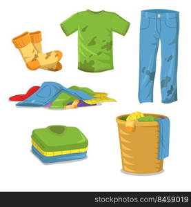 Dirty clothes laundry steps. Jeans , pants, socks with muds, pile of clothes in basket, stack of clean shirts and t-shirts. Flat vector illustrations for cleanliness, household, hygiene concept