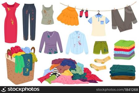 Dirty clothes with stains, pile of clothing in laundry basket. Stack of fresh clean folded apparel, stained shirt, dress, pants vector set. Apparel heap with mud blotches, smelly container. Dirty clothes with stains, pile of clothing in laundry basket. Stack of fresh clean folded apparel, stained shirt, dress, pants vector set