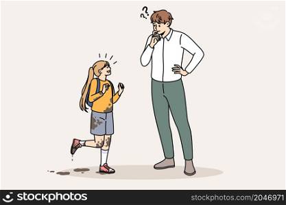 Dirty daughter and frustrated father concept. Small smiling girl all in dirt coming from school with her father meeting her with frustrated face vector illustration . Dirty daughter and frustrated father concept