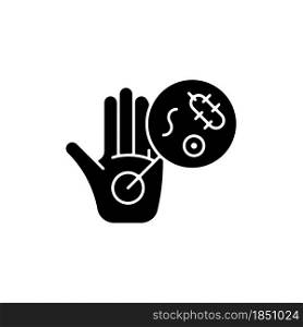 Dirty hands black glyph icon. Germs on unwashed hands. Spreading infectious diseases through handshake. Contaminated palms. Silhouette symbol on white space. Vector isolated illustration. Dirty hands black glyph icon