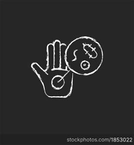 Dirty hands chalk white icon on dark background. Germs on unwashed hands. Spreading infectious diseases through handshake. Contaminated palms. Isolated vector chalkboard illustration on black. Dirty hands chalk white icon on dark background