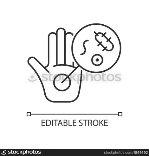 Dirty hands linear icon. Germs on unwashed hands. Spreading diseases. Contaminated palms. Thin line customizable illustration. Contour symbol. Vector isolated outline drawing. Editable stroke. Dirty hands linear icon