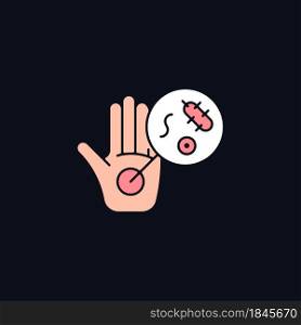 Dirty hands RGB color icon for dark theme. Germs on unwashed hands. Spread diseases through handshake. Isolated vector illustration on night mode background. Simple filled line drawing on black. Dirty hands RGB color icon for dark theme