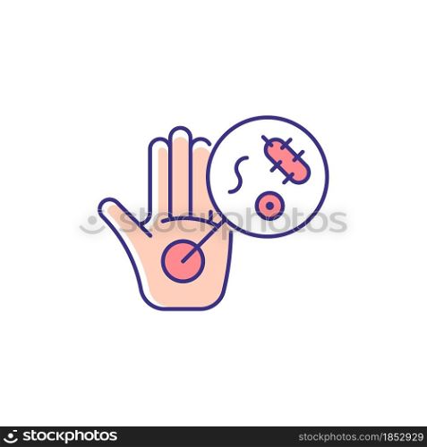 Dirty hands RGB color icon. Germs on unwashed hands. Spreading infectious diseases through handshake. Contaminated palms. Catch infection risk. Isolated vector illustration. Simple filled line drawing. Dirty hands RGB color icon