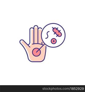 Dirty hands RGB color icon. Germs on unwashed hands. Spreading infectious diseases through handshake. Contaminated palms. Catch infection risk. Isolated vector illustration. Simple filled line drawing. Dirty hands RGB color icon