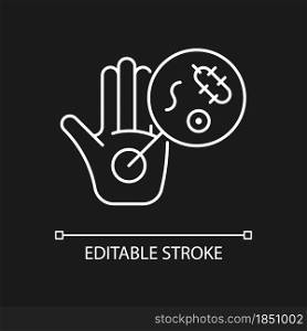 Dirty hands white linear icon for dark theme. Germs on unwashed hands. Spread infectious diseases. Thin line customizable illustration. Isolated vector contour symbol for night mode. Editable stroke. Dirty hands white linear icon for dark theme