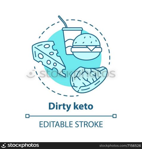Dirty keto concept icon. Ketogenic diet idea thin line illustration. Macronutrient ratio. Fast food, nutrition plan. Carbs, fats, proteins. Vector isolated outline drawing. Editable stroke
