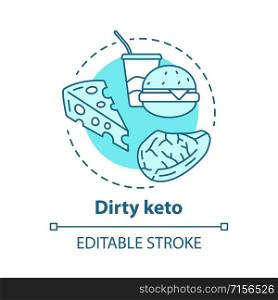 Dirty keto concept icon. Ketogenic diet idea thin line illustration. Macronutrient ratio. Fast food, nutrition plan. Carbs, fats, proteins. Vector isolated outline drawing. Editable stroke