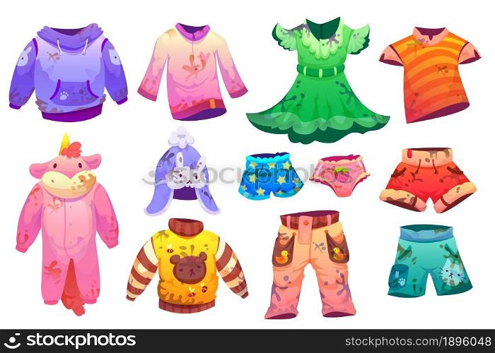 Dirty kids fashion clothes for boys and girls isolated on white background. Vector cartoon set of messy children garment, t-shirts, shorts, dress, sweaters and pajamas with dirt stains. Dirty kids clothes with stains
