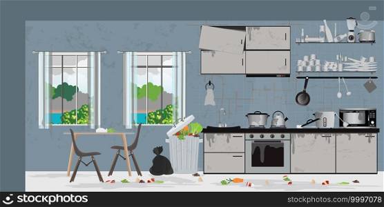 Dirty kitchen after cooking composition with dirt unwashed. Dirty kitchen full or waste in kitchen flat vector illustration. 