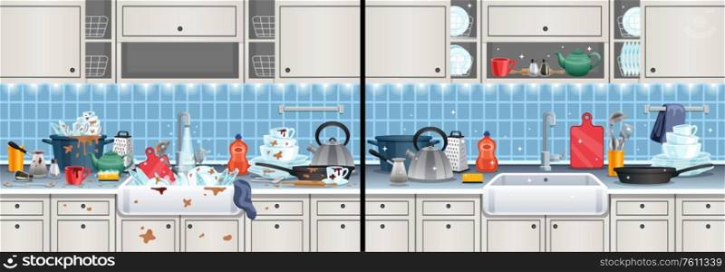 Dirty kitchen after cooking composition with washing symbols flat vector illustration