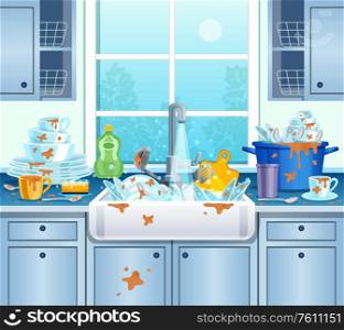 Dirty kitchen background with plates cups and soap flat vector illustration