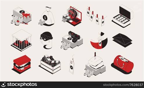 Dirty money gained illegally trough bribery theft crime blood corruption symbols isometric icons set isolated vector illustration