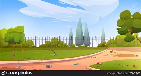 Dirty park or garden with garbage on paths and lawn. Vector cartoon illustration of summer landscape with green trees, bushes, grass, metal fence and trash, plastic cups, bottle and paper. Dirty park or garden with garbage on path and lawn