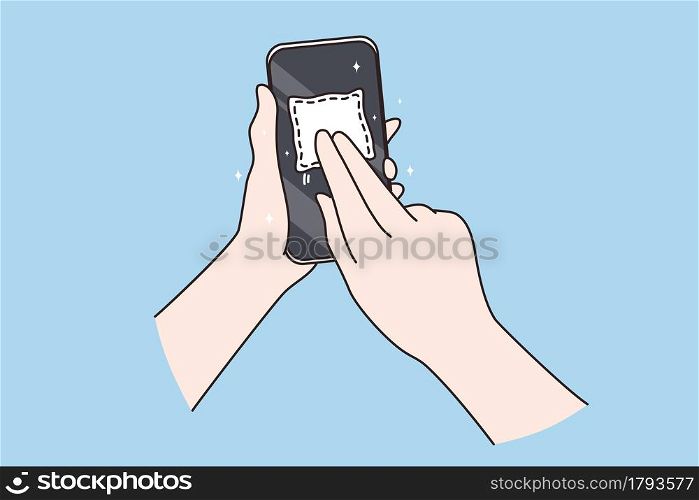 Dirty screen and microbes concept. Human Hand holding and cleaning mobile phone screen with napkin over blue background vector illustration. Dirty screen and microbes concept