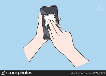 Dirty screen and microbes concept. Human Hand holding and cleaning mobile phone screen with napkin over blue background vector illustration. Dirty screen and microbes concept
