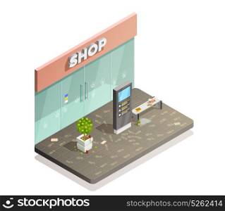 Dirty Storefront Isometric Composition. Cleaning isometric composition with dirty shop front flowerbed and bench with footprints and fingermarks with rubbish vector illustration