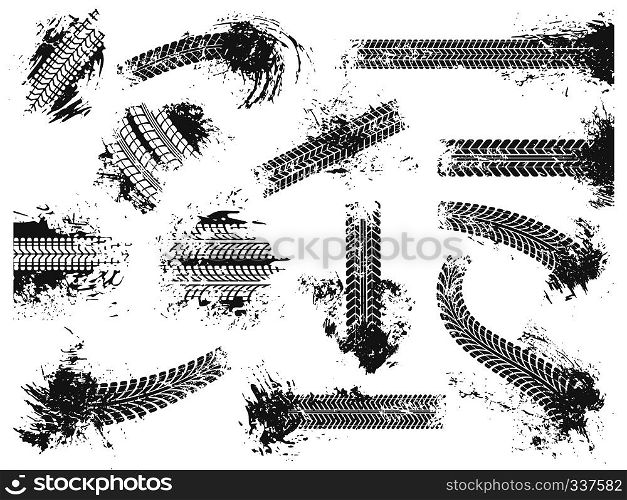Dirty tire tracks. Grunge motor race track, wheel tires protector pattern and dirt wheels imprint texture. Mud tracks, car racing dirty treads marks. Vector illustration isolated sign set. Dirty tire tracks. Grunge motor race track, wheel tires protector pattern and dirt wheels imprint texture vector illustration set