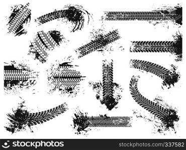 Dirty tire tracks. Grunge motor race track, wheel tires protector pattern and dirt wheels imprint texture. Mud tracks, car racing dirty treads marks. Vector illustration isolated sign set. Dirty tire tracks. Grunge motor race track, wheel tires protector pattern and dirt wheels imprint texture vector illustration set