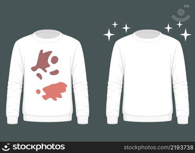 Dirty untidy sweatshirt with stains and neat clean sweatshirt. Fresh cotton clothes with removed mud and ink spots. Soiled and tidy washed garment. Flat vector illustration. Clean and dirty sweatshirt with a stain