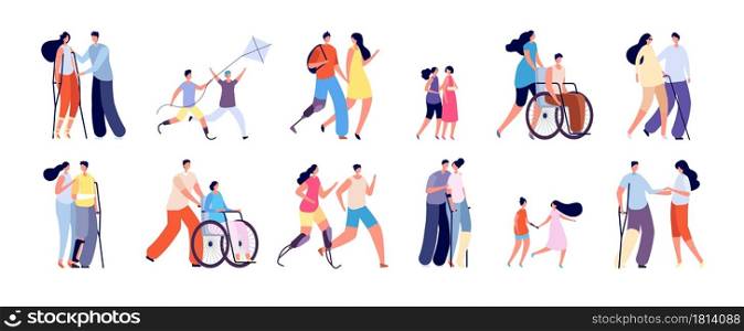 Disabilities and friends. Disablement person lifestyle, handicap man in wheelchair. Handicapped relationships, social adaptation vector set. Illustration disabled and handicapped people. Disabilities and friends. Disablement person lifestyle, handicap man in wheelchair. Handicapped relationships, social adaptation vector set