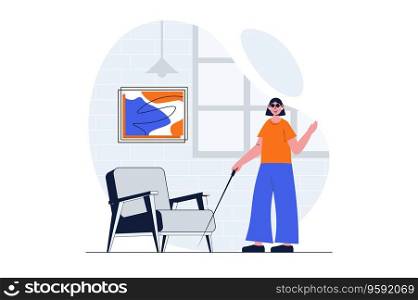 Disabilities people web concept with character scene. Blind woman in glasses and cane have active lifestyle. People situation in flat design. Vector illustration for social media marketing material.