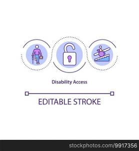 Disability access concept icon. Convinient place for people with body restrictions. Working safety idea thin line illustration. Vector isolated outline RGB color drawing. Editable stroke. Disability access concept icon