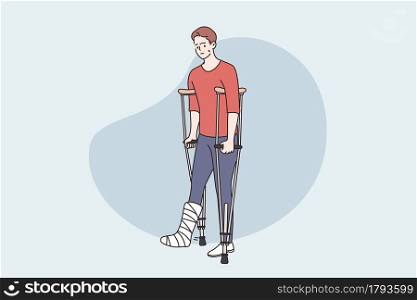 Disability and health problem concept. Young Disabled person man standing with crutches, having gypsum bandage with fracture vector illustration. Disability and health problem concept.